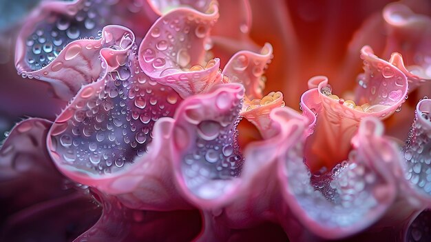 Um close-up de uma flor rosa com gotas de água sobre ela