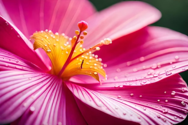 Um close-up de uma flor rosa com gotas de água sobre ele