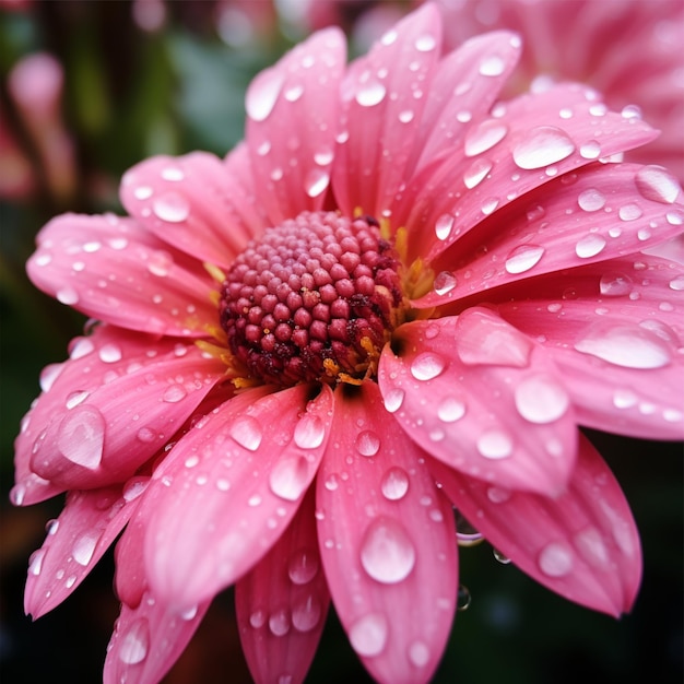 Um close-up de uma flor rosa com gotas de água sobre ele