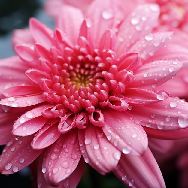 Um close-up de uma flor rosa com gotas de água sobre ele