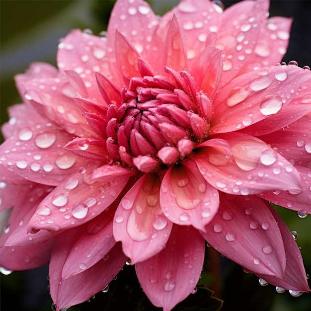 Um close-up de uma flor rosa com gotas de água sobre ele