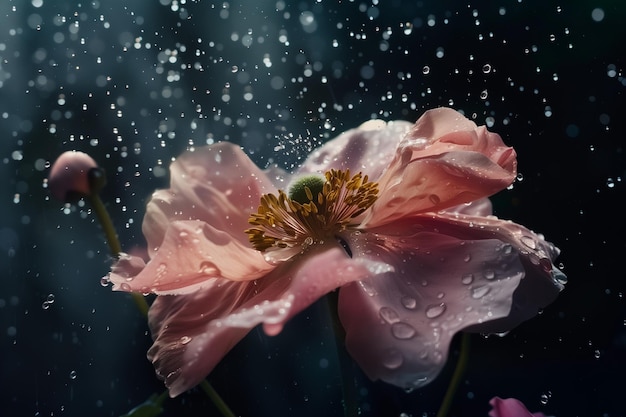 Um close-up de uma flor rosa com gotas de chuva sobre ela