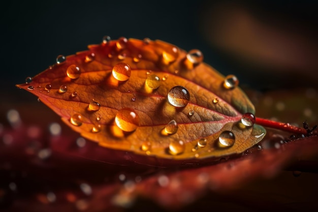 Um close-up de uma folha com gotas de água sobre ela