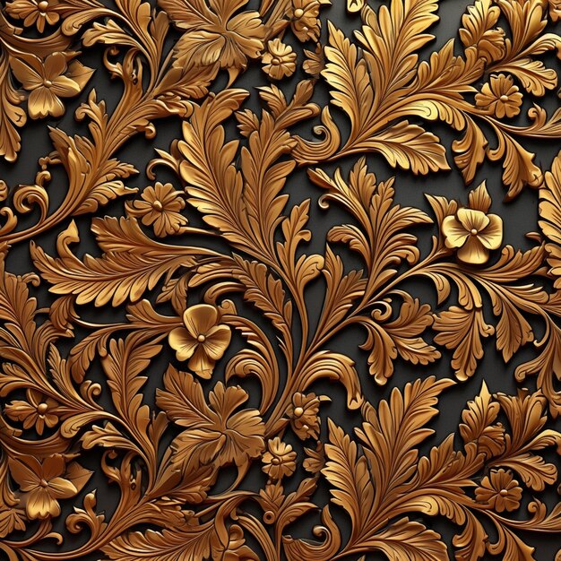 um close-up de uma folha de ouro e padrão de flores em um fundo preto ai generativo