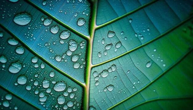 Um close-up de uma folha verde com água cai sobre ele