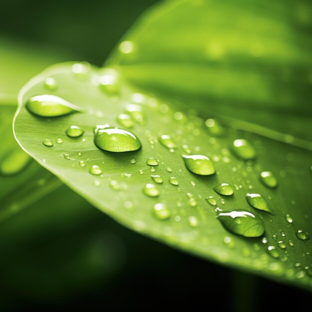 Um close-up de uma folha verde com gotas de água ai