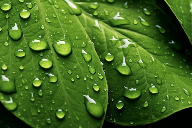 Um close-up de uma folha verde com gotas de água sobre ela