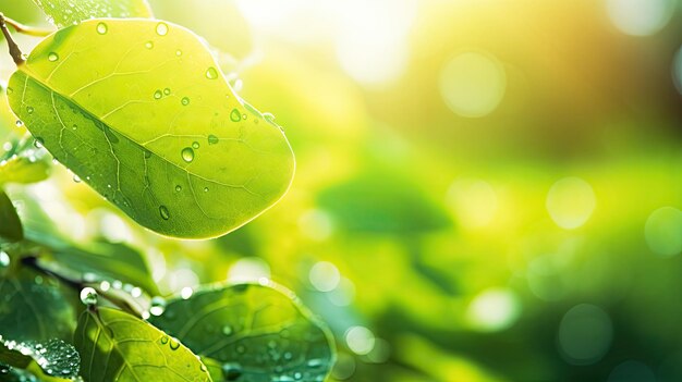 Um close-up de uma folha verde com gotas de água sobre ele