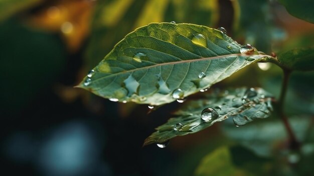 Um close-up de uma folha verde com gotas de água sobre ele