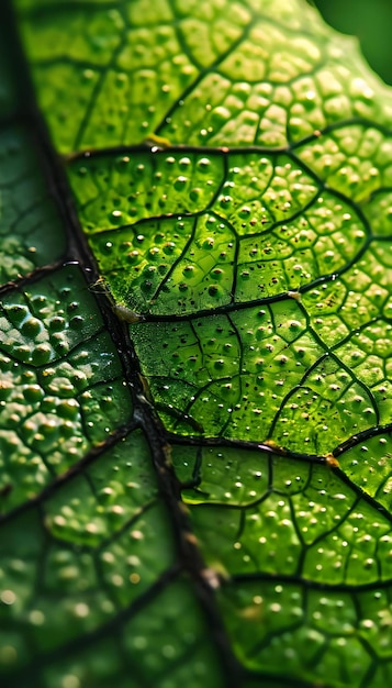 Um close-up de uma folha verde com gotas de água sobre ele