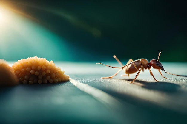 Um close-up de uma formiga ao lado de um ninho