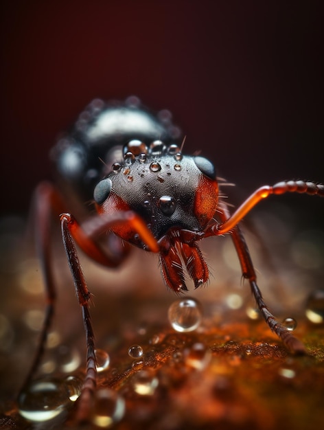 Um close-up de uma formiga preta com gotas de água sobre ele