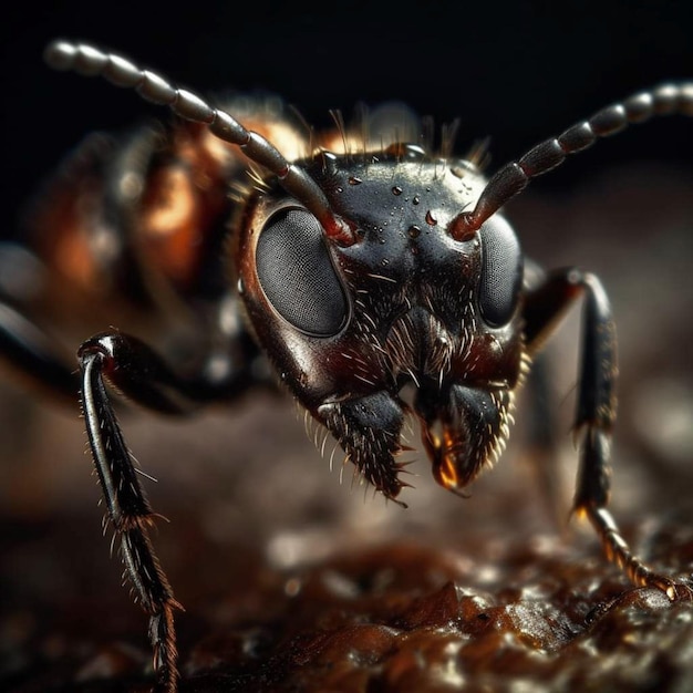 Um close-up de uma formiga preta e marrom com um fundo preto