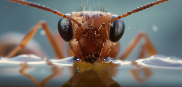 Um close-up de uma formiga vermelha olhando para a câmera