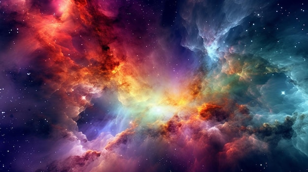 Um close-up de uma galáxia colorida com estrelas e uma nebulosa geradora ai