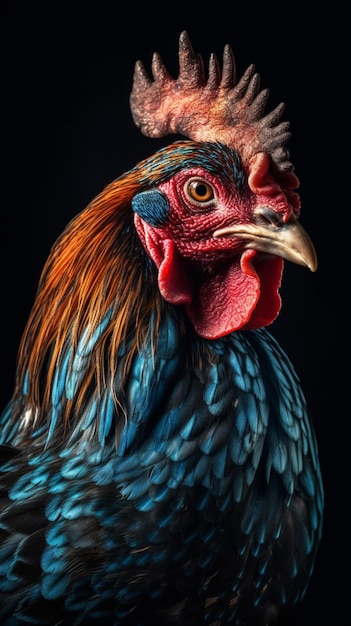 Um close-up de uma galinha com um rosto azul e vermelho