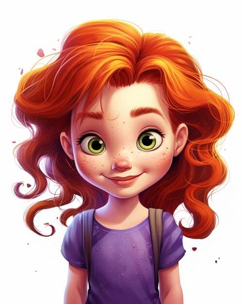 Foto um close-up de uma garota de desenho animado com cabelo vermelho e olhos verdes