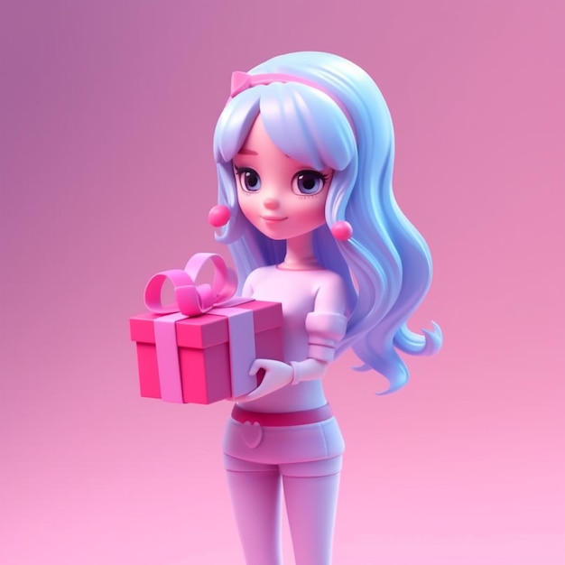 Um close-up de uma garota de desenho animado segurando uma caixa de presente generativa ai