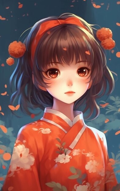Um close-up de uma garota em uma roupa de quimono com flores generativas ai