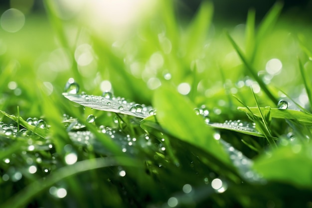 Um close-up de uma grama verde com gotas de água sobre ele