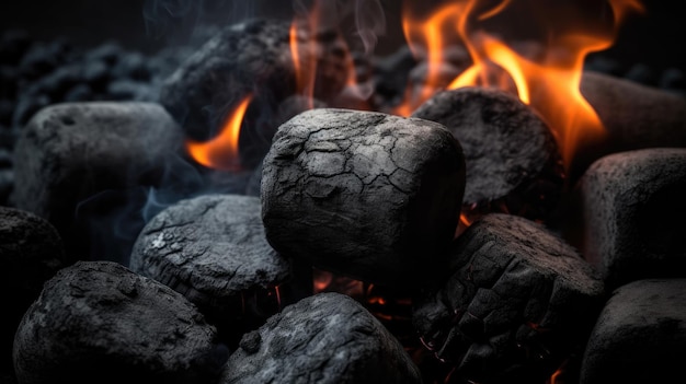 Um close-up de uma grelha a carvão com chamas e fumaça saindo dela