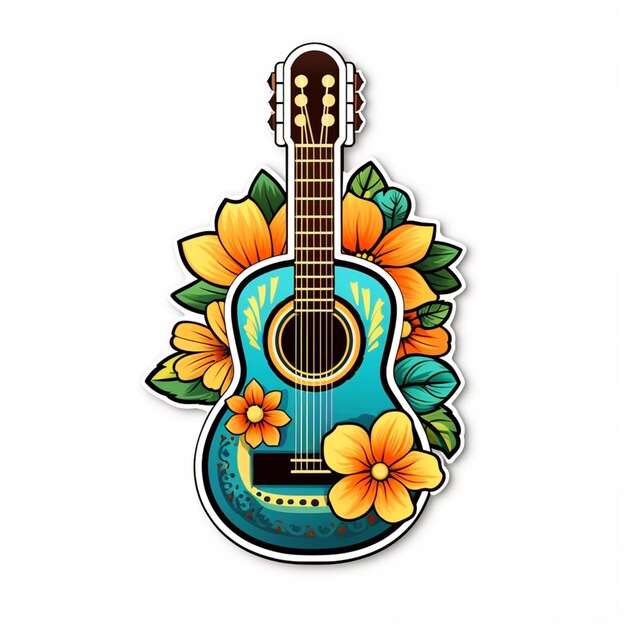 Foto um close-up de uma guitarra com flores sobre ele ai generativo