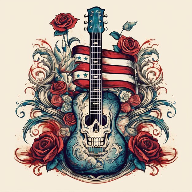 Foto um close-up de uma guitarra com um crânio e rosas generativo ai