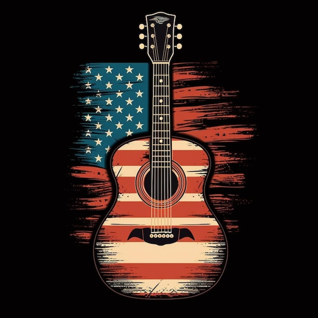 um close-up de uma guitarra com uma bandeira americana generativa ai