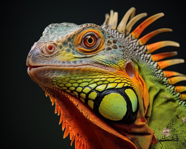 um close-up de uma iguana com olhos verdes brilhantes