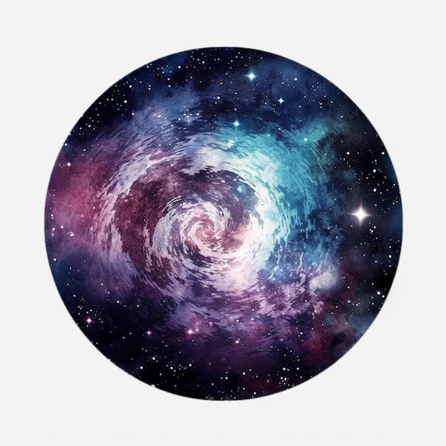 Foto um close-up de uma imagem circular de uma galáxia com estrelas generativas ai