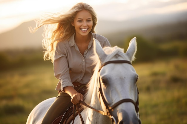 Um close-up de uma jovem cavalgando na encantadora hora dourada do pôr do sol Generative AI