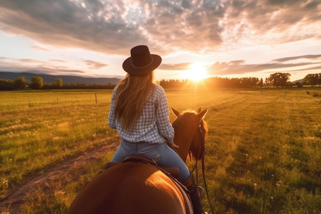 Foto um close-up de uma jovem cavalgando na encantadora hora dourada do pôr do sol generative ai