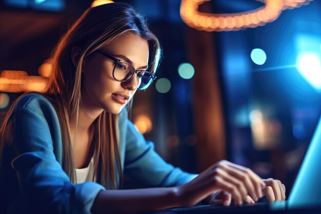 Foto um close-up de uma jovem trabalhando em um laptop apresentando produtividade e tecnologia moderna generative ai