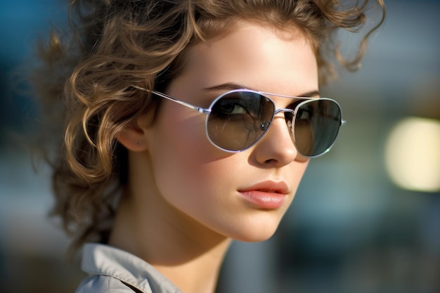 Um close-up de uma jovem usando óculos de sol elegantes exalando confiança e vanguarda da moda IA generativa