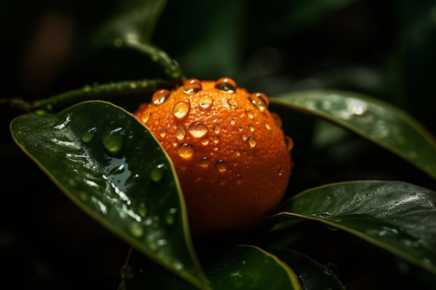 Um close-up de uma laranja com gotas de água sobre ele