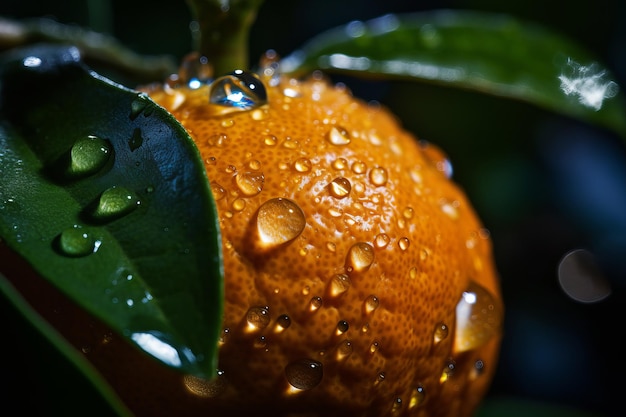 Um close-up de uma laranja com gotas de água sobre ele