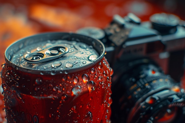 Foto um close-up de uma lata de refrigerante com gotas de água