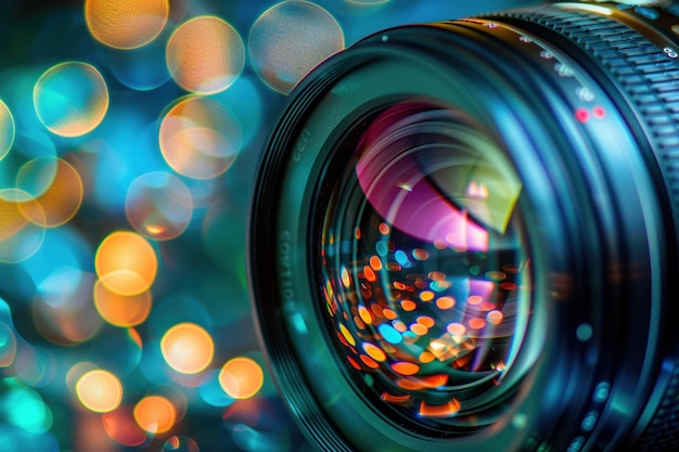 Um close-up de uma lente de câmera com um efeito bokeh cativante destacando as intrincadas camadas da lente