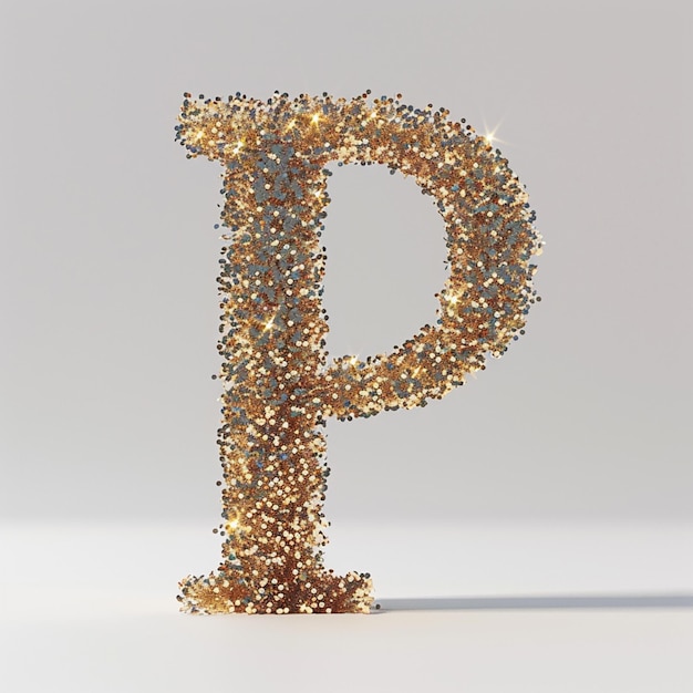 Foto um close-up de uma letra dourada p feita de pequenos pontos generativos ai