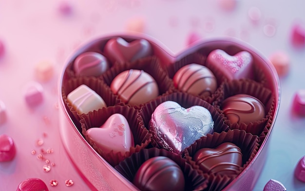 Foto um close-up de uma linda caixa de chocolates em forma de coração no fundo pastel ai gerado
