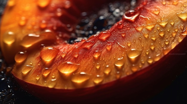 Foto um close-up de uma maçã cortada com gotas de água sobre ela