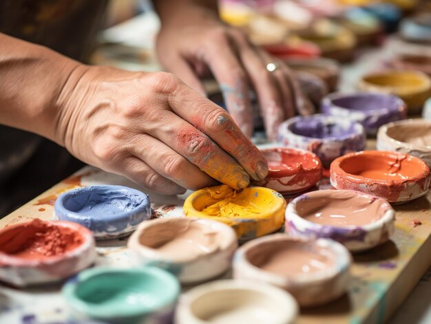 Foto um close-up de uma mão de artista um hobby criativo cores brilhantes