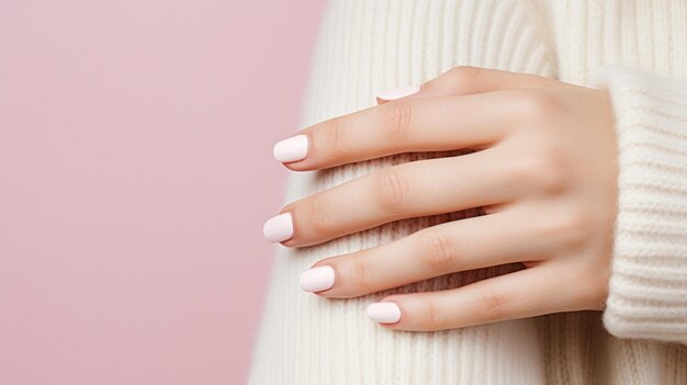 Foto um close-up de uma mão de mulher com unhas brancas e esmalte rosa ai