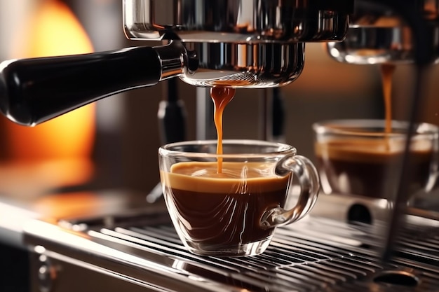 Um close-up de uma máquina de café derramando uma xícara de café generativo ai