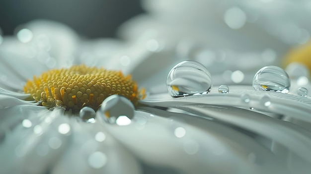 Um close-up de uma margarida branca com gotas de água