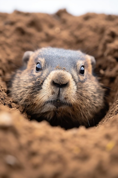 Foto um close-up de uma marmota como aparece de sua toca no dia da marmota