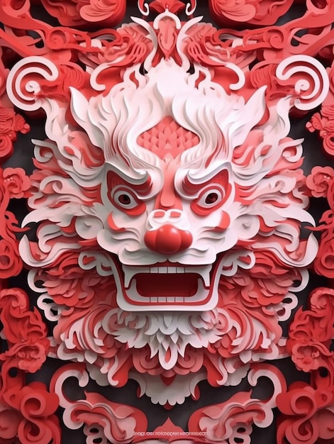 Um close-up de uma máscara vermelha e branca em uma parede generativa ai