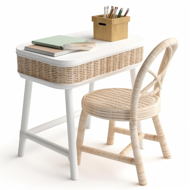 um close-up de uma mesa com uma cadeira e uma cesta sobre ele