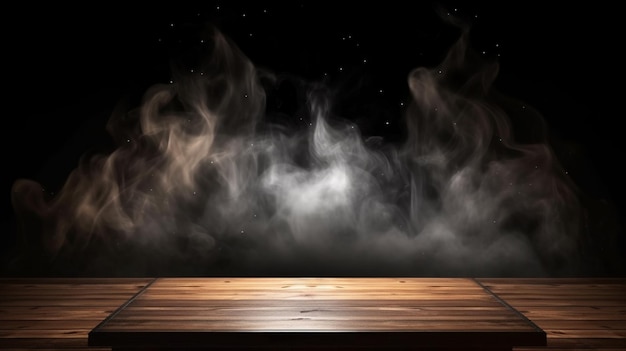 Um close-up de uma mesa de madeira com fumaça saindo dela generativa ai