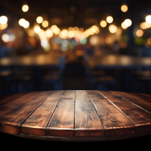 um close-up de uma mesa de madeira com um fundo desfocado